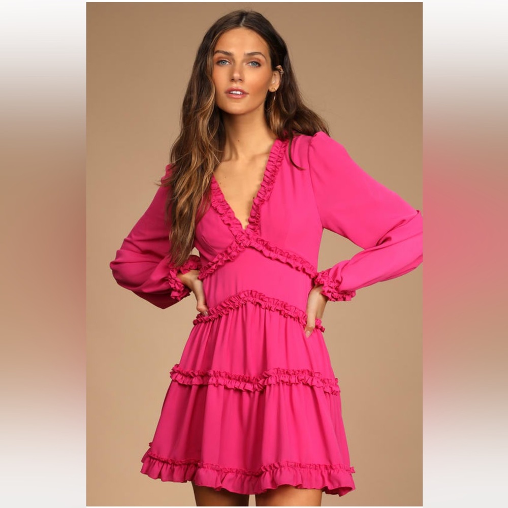 Lulus Simply Darling Magenta Ruffle Long Sleeve Mini Dress